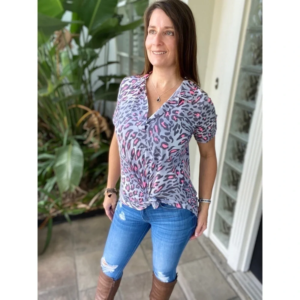 ❤️‍🔥Leopard V-Neck Collar Tab Button Gray Pink 4420